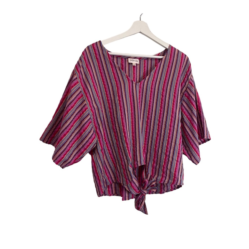 Dizzy Gal Striped Pink V Neck Tie Waist Short Sleeve Top Blouse Womens Size L